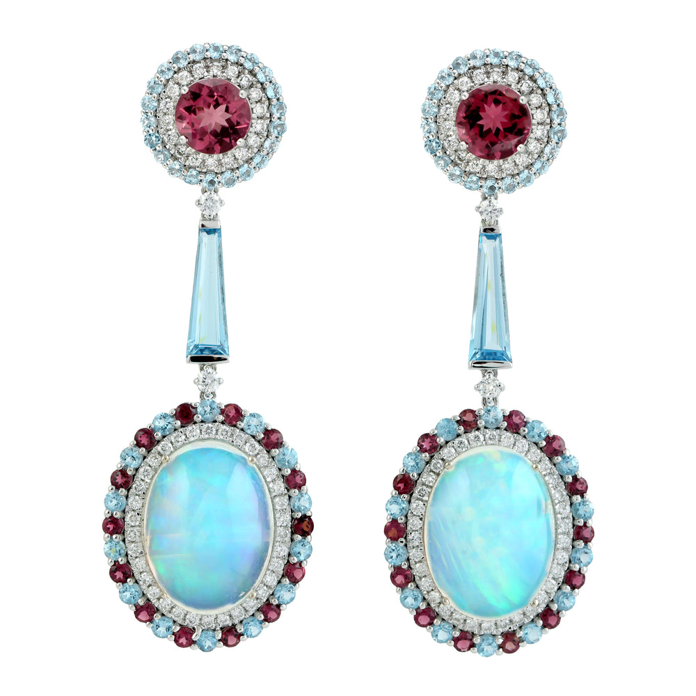 Opal Ethopian Topaz Diamond Handmade Designer Danglers In 18k White Gold