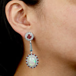 Opal Ethopian Topaz Diamond Handmade Designer Danglers In 18k White Gold