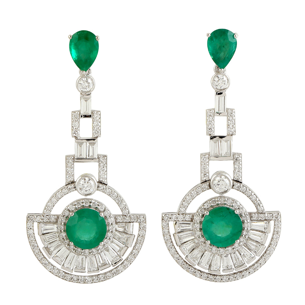 Emerald Diamond Designer Handmade Danglers In 18k White Gold