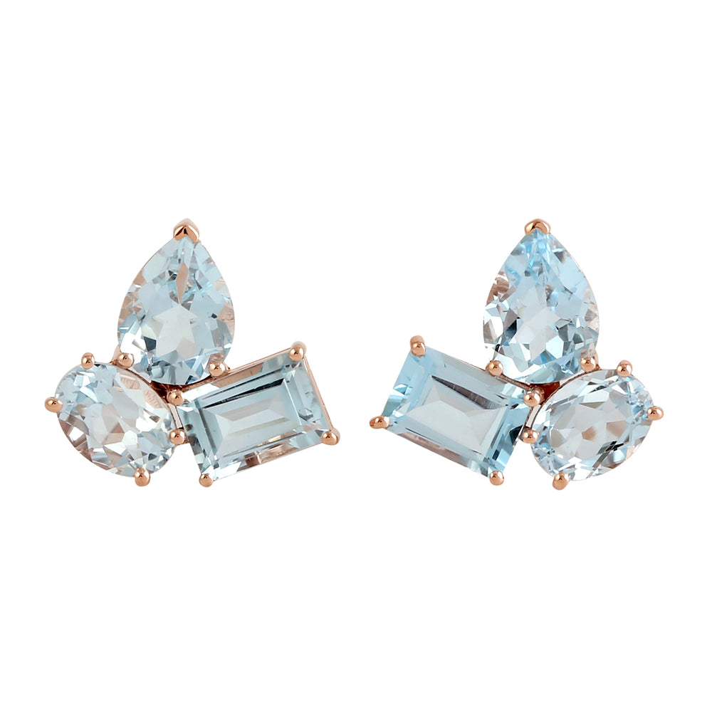 Blue Topaz Three Stone Stud Earrings In 18k Rose Gold