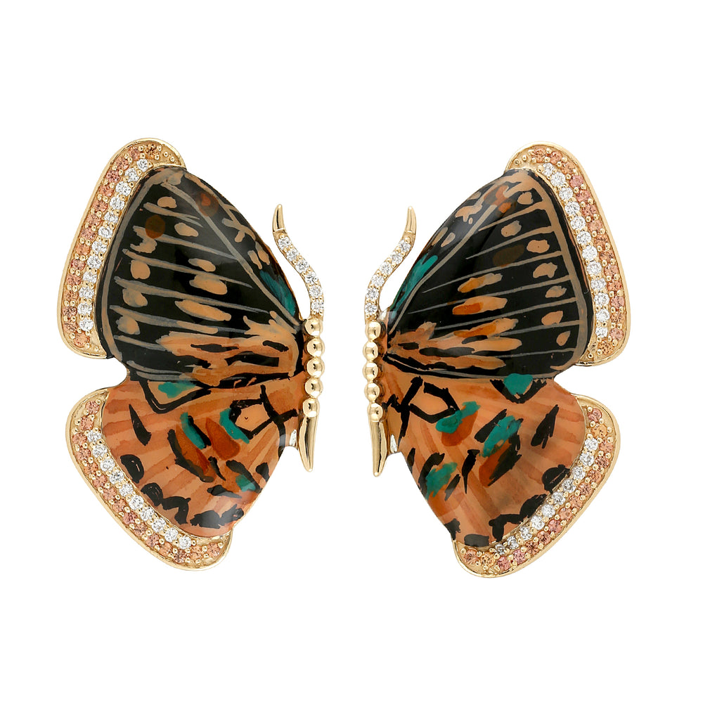 Natural Sapphire Diamond Butterfly Stud Earrings In 18k Yellow Gold