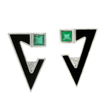 Emerald Diamond Enamel Triangle Design Stud Earrings In 18k White Gold