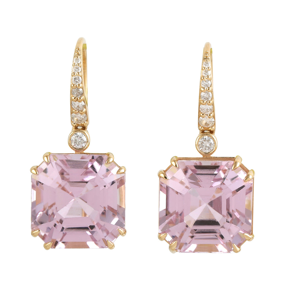 18k Yellow Gold Kunzite Diamond Hook Earrings For Her