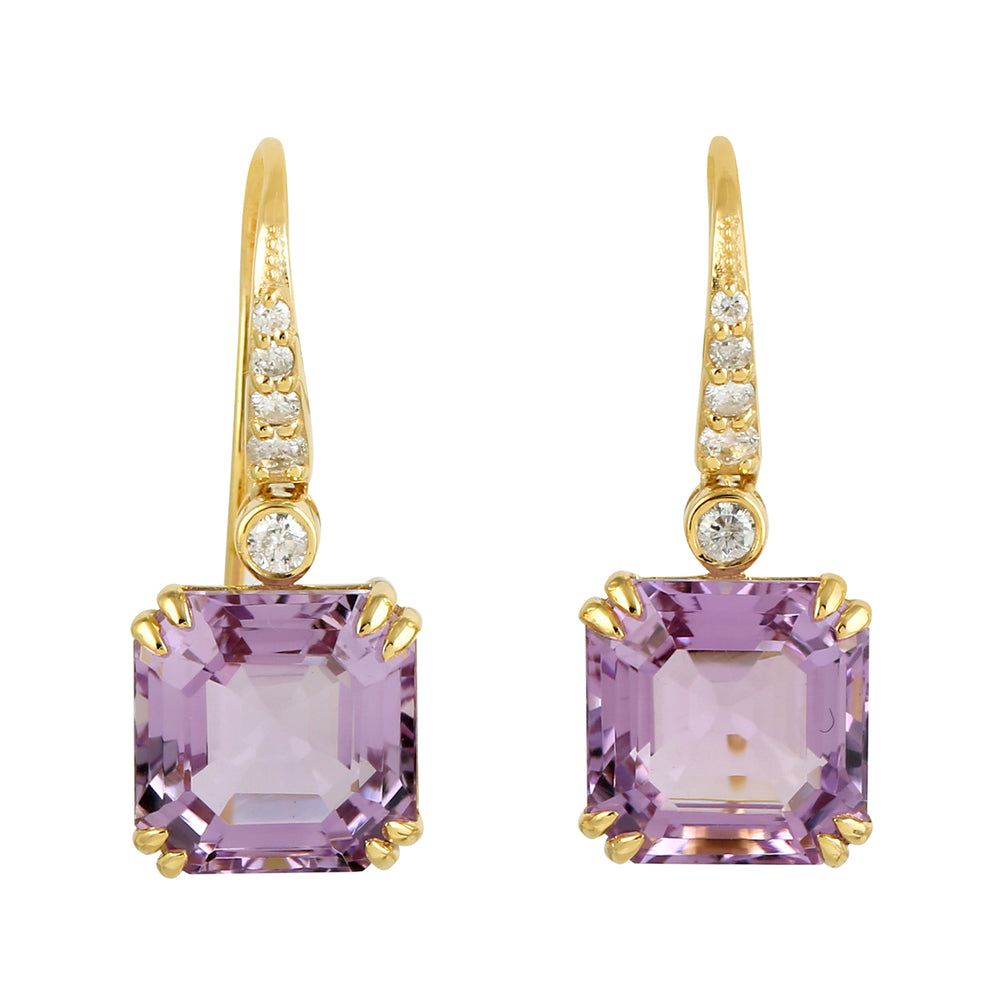 Natural Diamond Amethyst Designer Hook Earrings In 14k Yellow Gold