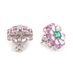 Pink Sapphire Emerald Diamond Daisy Stud 18k White Gold Jewelry